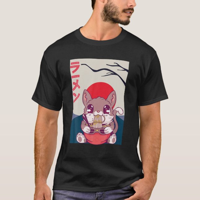 Kawaii Japansk ekorrel Cat Eat Ramen medan Gamin T Shirt (Framsida)