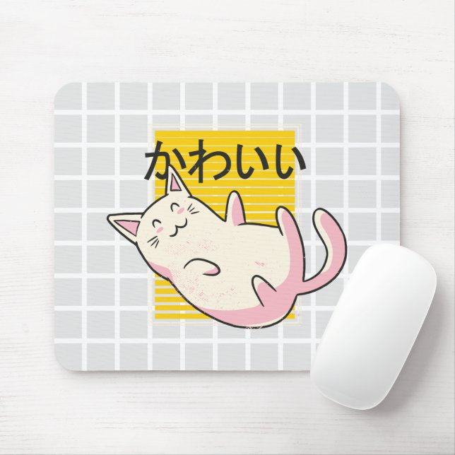 Kawaii Japansk Katt Grid Musmatta (Med mus)