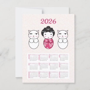 Kawaii Japansk Kokeshi Doll 2026 Calendar Vykort