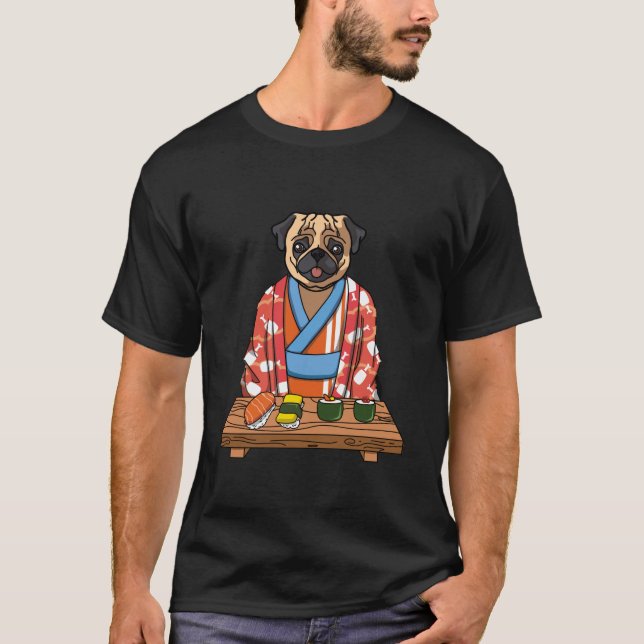 Kawaii Japansk Pug Hund Kimono Sushi T Shirt (Framsida)