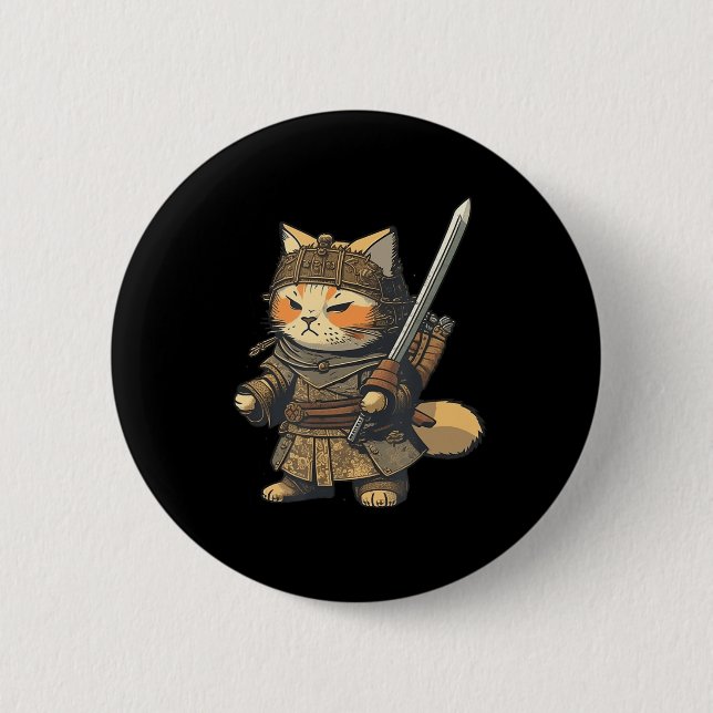 Kawaii Japanska Stil Samurai Cat Anime Knapp (Framsida)