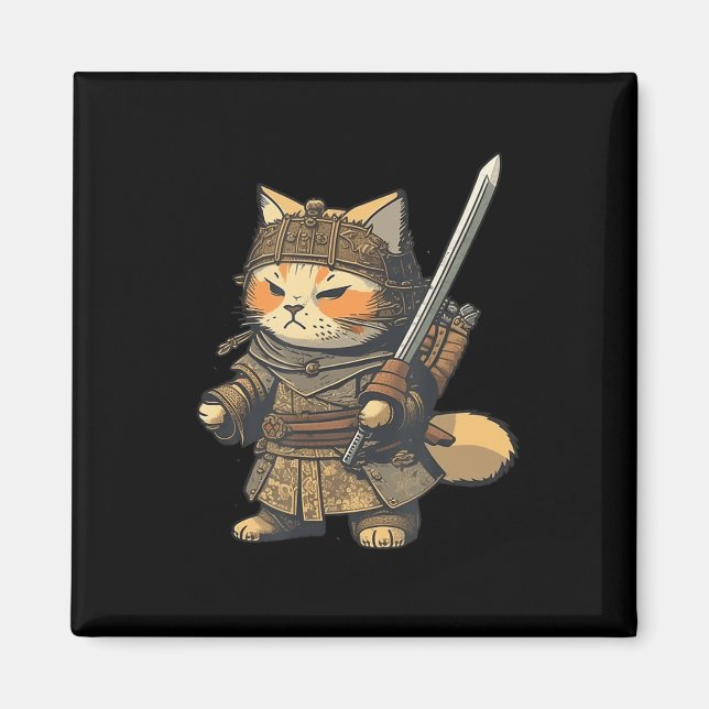 Kawaii Japanska Stil Samurai Cat Anime Magnet (Framsidan)