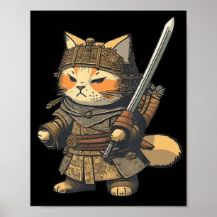 Kawaii Japanska Stil Samurai Cat Anime Poster