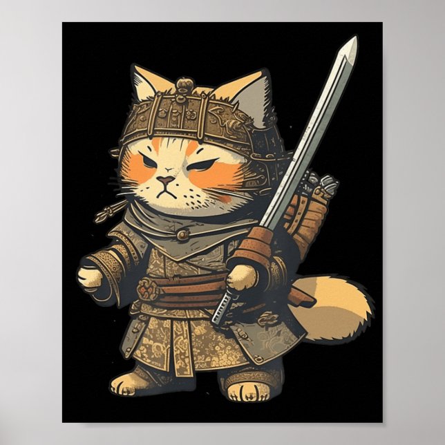 Kawaii Japanska Stil Samurai Cat Anime Poster (Framsidan)