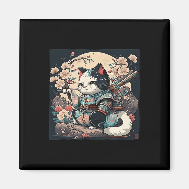 Kawaii Japanska Stil Samurai Cat Kitten Anime Magnet (Framsidan)