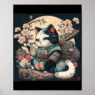 Kawaii Japanska Stil Samurai Cat Kitten Anime Poster