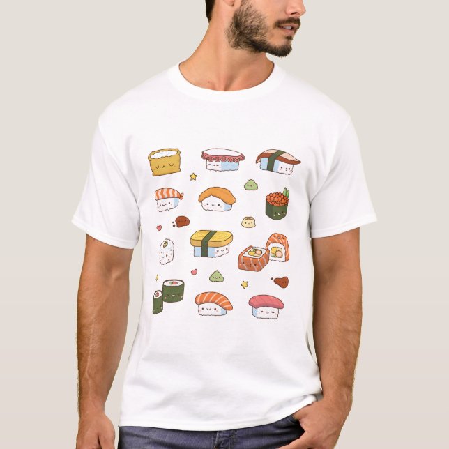 Kawaii Japanska Sushi Nigiri Maki Set T Shirt (Framsida)