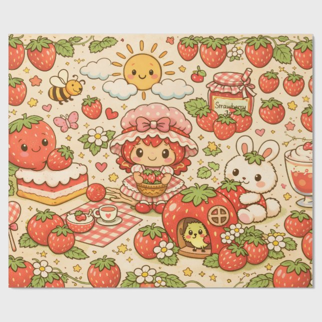 Kawaii Jordgubb Piknik Inpackningspapper Presentpapper (Platt)