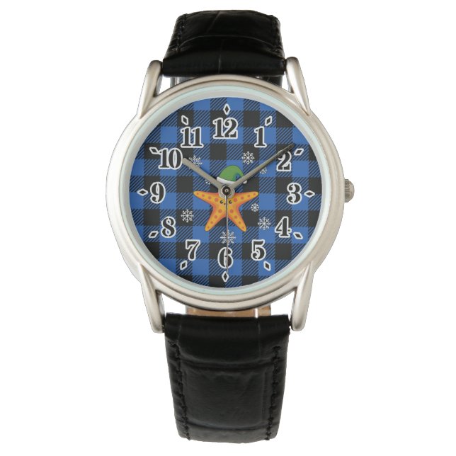 Kawaii Julafton Starfish on Blue Buffalo Mönster Armbandsur (Framsida)