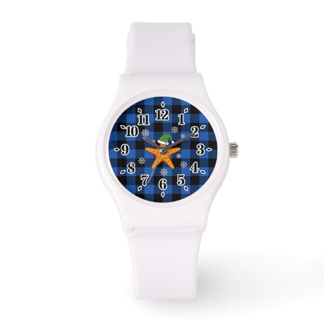 Kawaii Julafton Starfish on Blue Buffalo Mönster Armbandsur (Framsida)