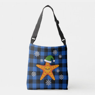 Kawaii Julafton Starfish on Blue Buffalo Mönster Axelväska