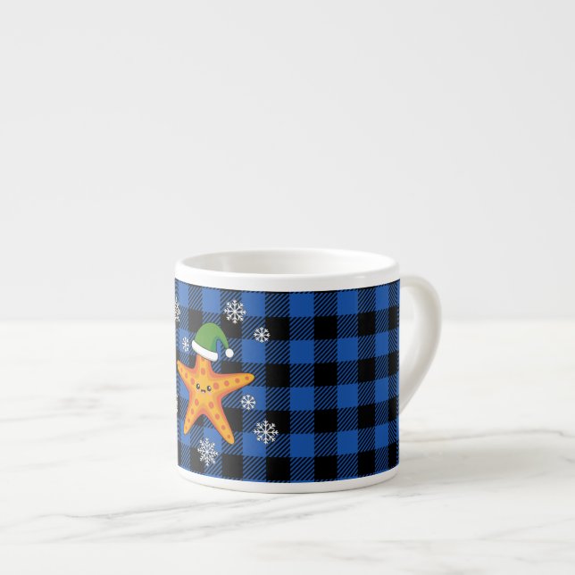 Kawaii Julafton Starfish on Blue Buffalo Mönster Espressomugg (Framsida höger)