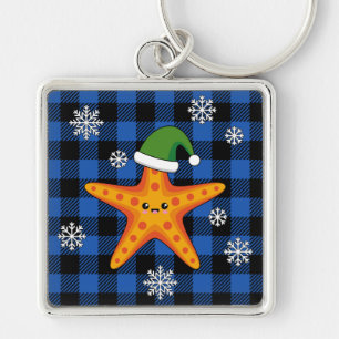 Kawaii Julafton Starfish on Blue Buffalo Mönster Fyrkantig Silverfärgad Nyckelring