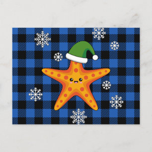 Kawaii Julafton Starfish on Blue Buffalo Mönster Helg Vykort