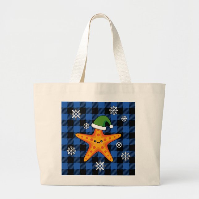 Kawaii Julafton Starfish on Blue Buffalo Mönster Jumbo Tygkasse (Framsidan)