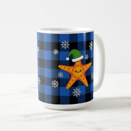 Kawaii Julafton Starfish on Blue Buffalo Mönster Kaffemugg