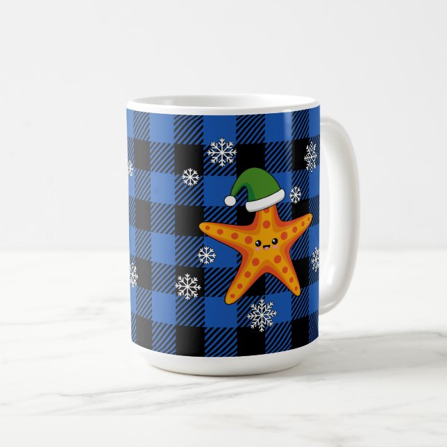 Kawaii Julafton Starfish on Blue Buffalo Mönster Kaffemugg (Framsida höger)