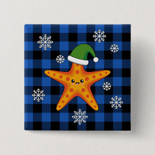 Kawaii Julafton Starfish on Blue Buffalo Mönster Knapp