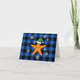 Kawaii Julafton Starfish on Blue Buffalo Mönster Kort