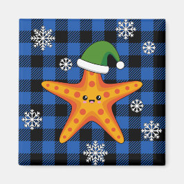 Kawaii Julafton Starfish on Blue Buffalo Mönster Magnet