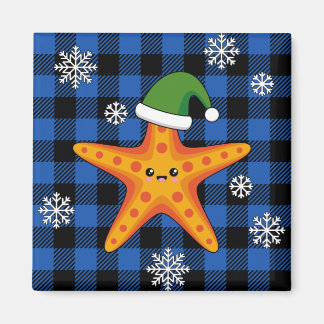 Kawaii Julafton Starfish on Blue Buffalo Mönster Magnet