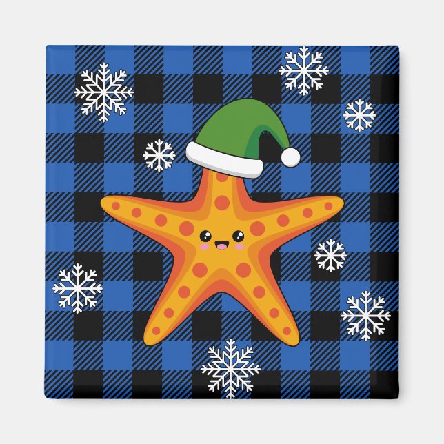 Kawaii Julafton Starfish on Blue Buffalo Mönster Magnet (Framsidan)