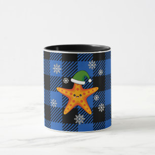 Kawaii Julafton Starfish on Blue Buffalo Mönster Mugg