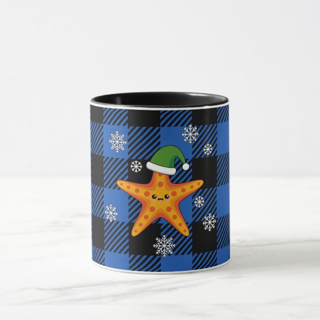 Kawaii Julafton Starfish on Blue Buffalo Mönster Mugg (Center)