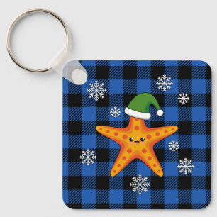 Kawaii Julafton Starfish on Blue Buffalo Mönster Nyckelring