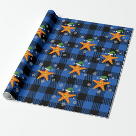 Kawaii Julafton Starfish on Blue Buffalo Mönster Presentpapper