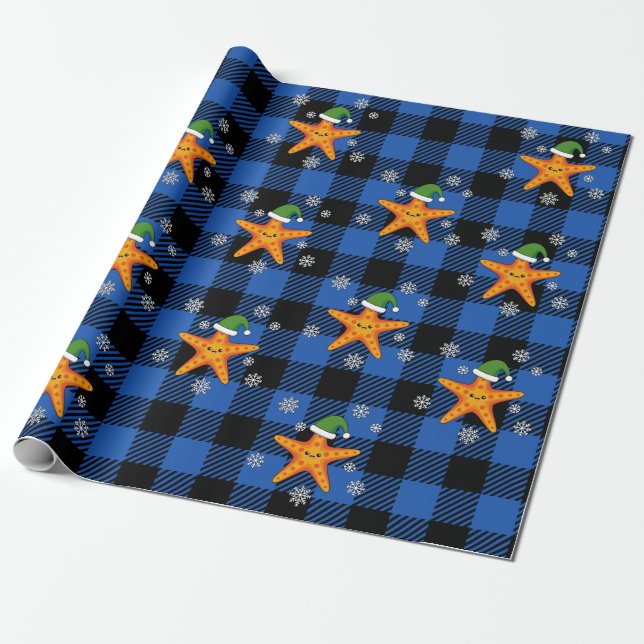 Kawaii Julafton Starfish on Blue Buffalo Mönster Presentpapper (Utrullad)