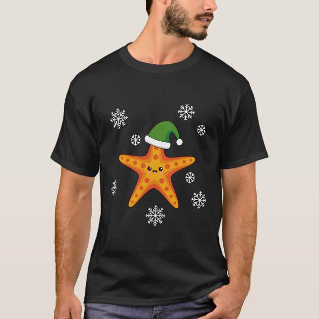 Kawaii Julafton Starfish on Blue Buffalo Mönster T Shirt (Framsida)