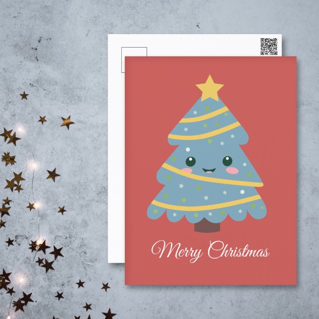Kawaii Julgran vykort (Kawaii Christmas Tree Red Postcard)