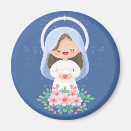 Kawaii Jungfru Maria med hjärta och blommor – Mari Magnet