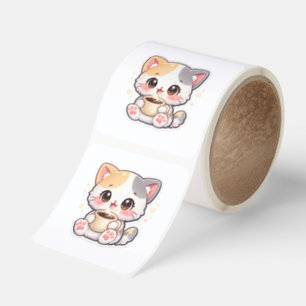 Kawaii Kaffe Katt Klisterrulle – Söt Kattunge Etik Fyrkantigt Klistermärke