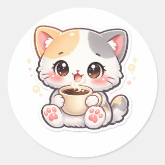 Kawaii Kaffe Katt Runda Klistermärken – Söt Kattun