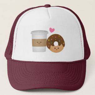 Kawaii Kaffe och Munk i kärlek Perfekt Par Truckerkeps