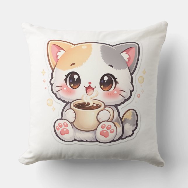 Kawaii kaffekatt kastkudde – mysigt hem kudde (Framsida)