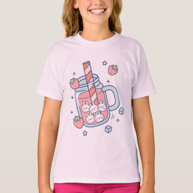 Kawaii Kanin Jordgubb Dryck T Shirt (Framsida)