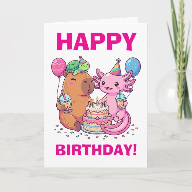 Kawaii Kapybaras och Axolotl Födelsedagsfest Kort (Framsida)