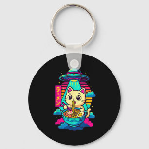 Kawaii Katt Alien Ufo Ramen Grafisk T-shirt Rolig Nyckelring