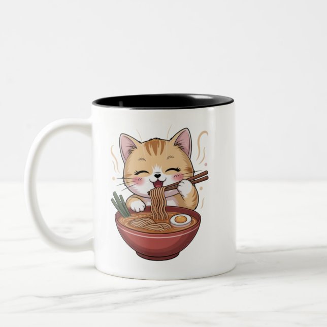 Kawaii Katt Äter Ramen Två-Tonad Mugg (Vänster)