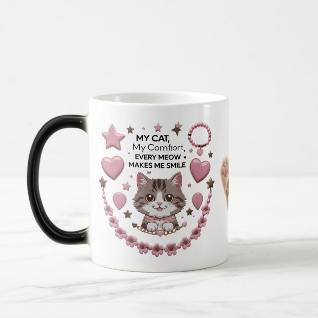 Kawaii Katt Charm Mugg – Rosa Hjärtan & Stjärnor | (Vänster)