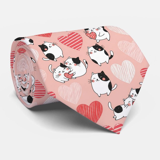 Kawaii Katt & Hjärtan Valentine-mönster (6) Slips (Rullad)