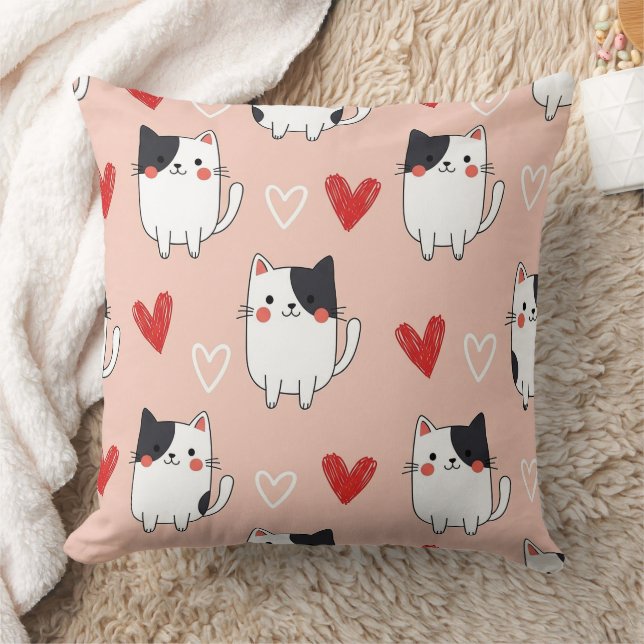 Kawaii Katt & Hjärtan Valentinsmönster (1) Kudde (Filt)