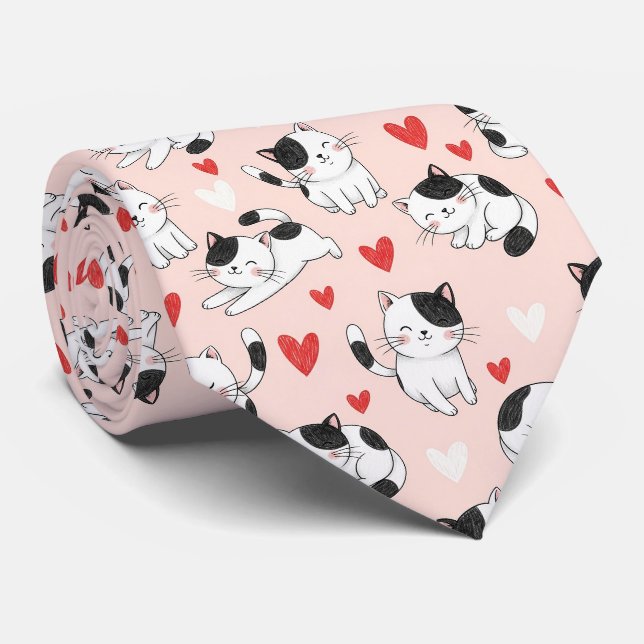 Kawaii Katt & Hjärtan Valentinsmönster (7) Slips (Rullad)