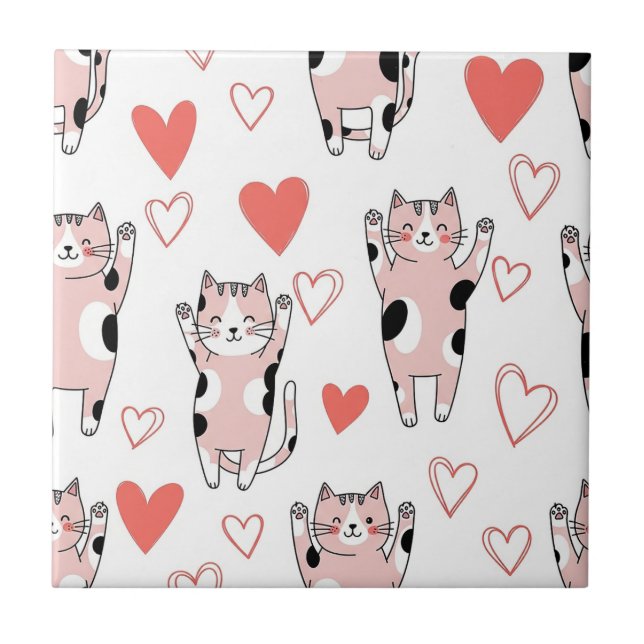 Kawaii Katt & Hjärtan Valentinsmönster (8) Kakelplatta (Framsidan)