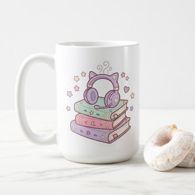 Kawaii Katt Hörlurar Magiska Böcker Mugg (Med munk)