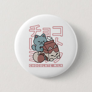 Kawaii Katt med Chokladmjölk – Japansk Popkonst  Knapp