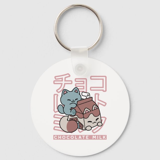 Kawaii Katt med Chokladmjölk – Japansk Popkonst  Nyckelring (Framsida)